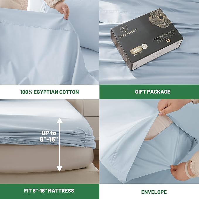 100% Egyptian Cotton Sheets King Size 1000 Thread Count Sateen Weave Soft Breathable 16-Inch Deep Pocket 4PCS（King,Light Blue）