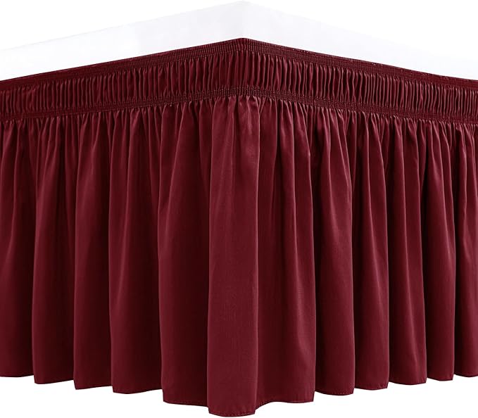 Biscaynebay Wrap Around Bed Skirts for Full & Full XL Beds 16" Drop, Burgundy Adjustable Elastic Dust Ruffles Easy Fit Wrinkle & Fade Resistant Silky Luxurious Fabric Solid Machine Washable