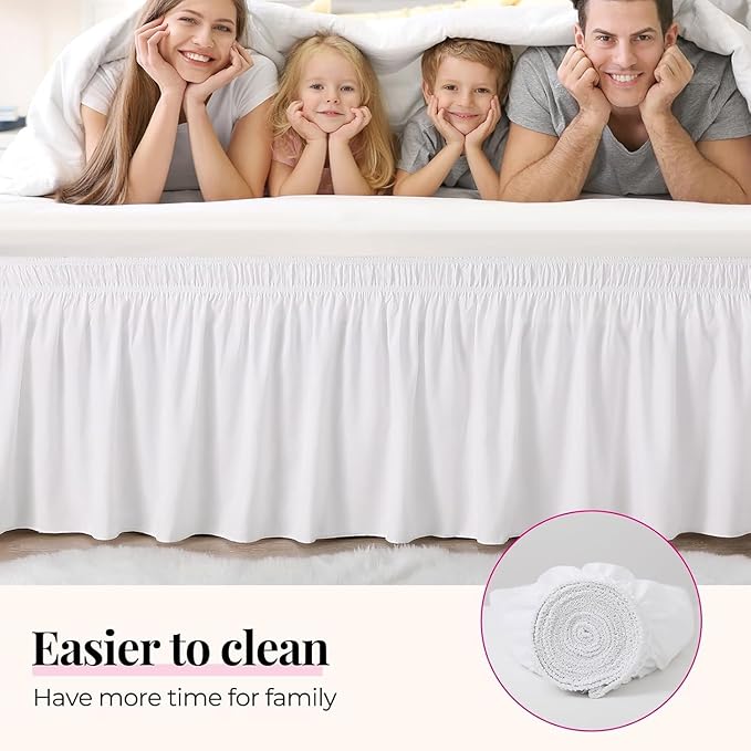 RIMELA Full Size White Bed Skirt 15 Inch Drop, Wrap Around Elastic Bed Skirts Full Size Dust Ruffle, Bedskirt for Adjustable Bed Base Solid Wrinkle and Fade Resistant Silky Fabric Machine Washable