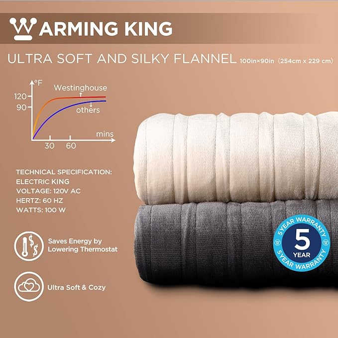 Westinghouse King Size Electric Heating Blanket, 10 Levels, Auto Shut Off, Fast Heating, Machine Washable (King, 100x90 Inches, Charcoal)