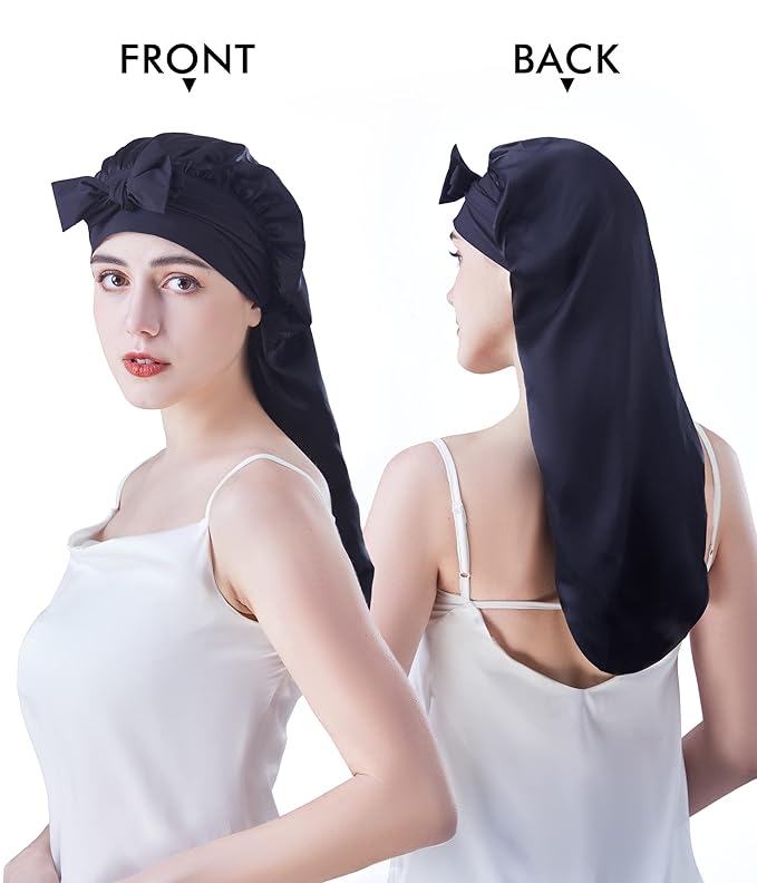 Cocheng Mulberry Silk Bonnet for Sleeping Long Silk Bonnet for Curly Hair Braids Cap for Women Silk Cap with Tie Band