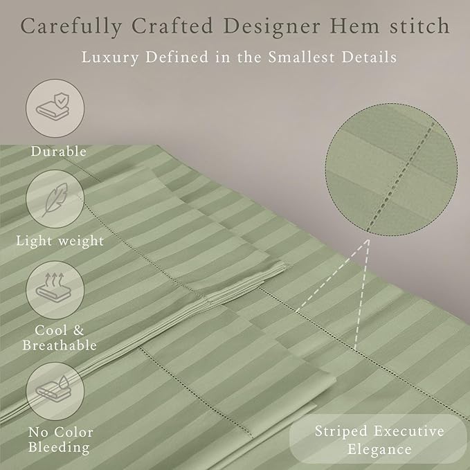 Threadmill 500 Thread Count Twin-XL Size Damask Stripe, 3 Pc Luxury Cotton Sheet Set, Breathable Sage Green Sheets with 15" Elasticized Deep Pocket, 1 Pillowcase & Free Tote Bag