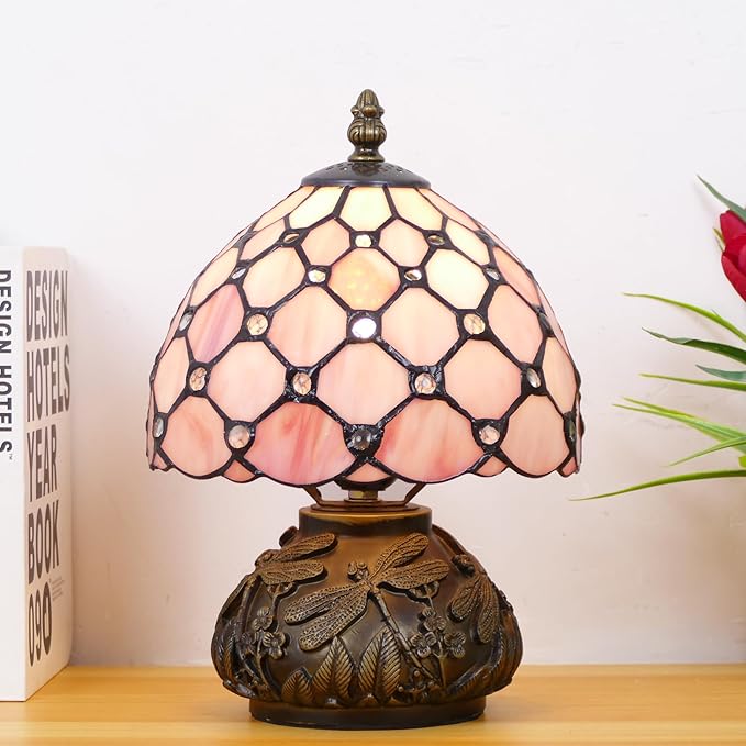 Small Tiffany Lamp Mini Stained Glass Table Lamp Pink Pearl Style Mushroom Accent Lamp 8X11 Inch
