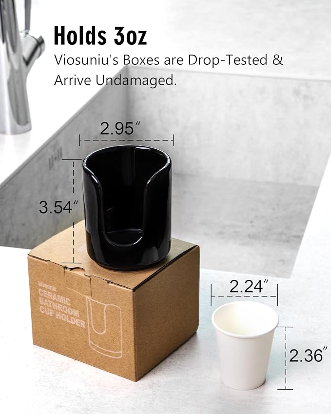 3 oz Original Ceramic Bathroom Cup Dispenser with 5 PLA Paper Cups, Bathroom Essential Accessories for Mouthwash Holder on Bathroom Vanity Countertops (2 Pack, Black)