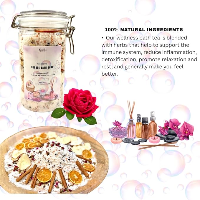 Magnesium Bubble Bath Soak with Sandalwood & Lavender, 35 oz, Spa Size Bath Salts for Dry Skin