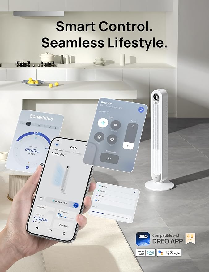 Dreo Smart Tower Fan for Bedroom, Floor Standing Bladeless Oscillating Fan with Remote, 9 Speeds, 4 Modes, 12H Timer, for Indoor Bedroom Home Office, WiFi Voice Control, Cruiser TF518S