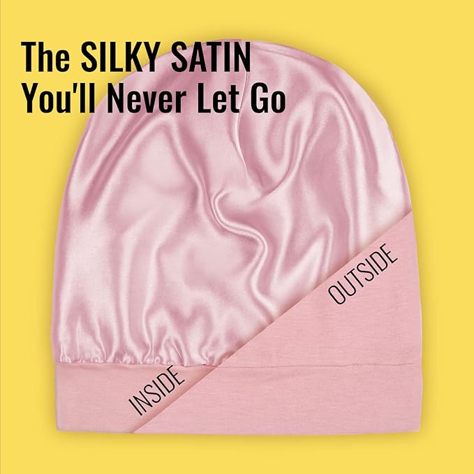 PARISBELLA Satin Sleep Cap Bonnet for Women, Stay On All Night Hair Wrap with Adjustable Strap for Curly Hair, Pink, Pack of 1