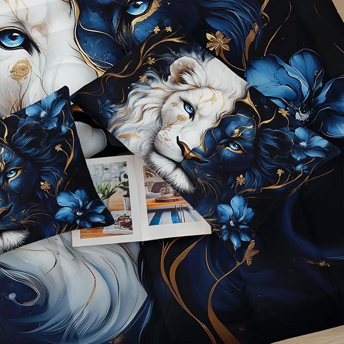 Black and Gold Flower Lion Comforter Set Queen Size，Animal Print Queen Size Bedding Set for Boy，with 1 Comforter with 2 Pillow Case