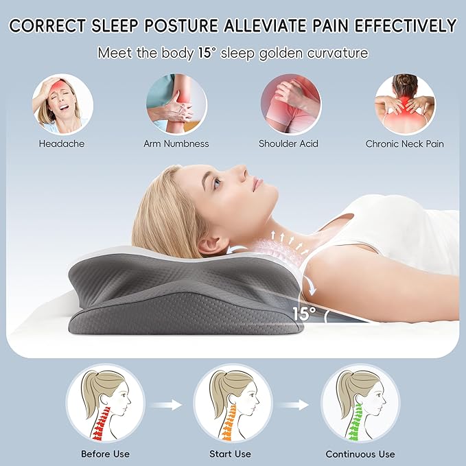 Cervical Neck Pillow, Ergonomic Side Sleeper Pillow for Pain Relief, Cooling Pillow for Sleeping, Neck and Shoulder, Contour Orthopedic Memory Foam Pillows for Back Stomach Sleepers White Grey