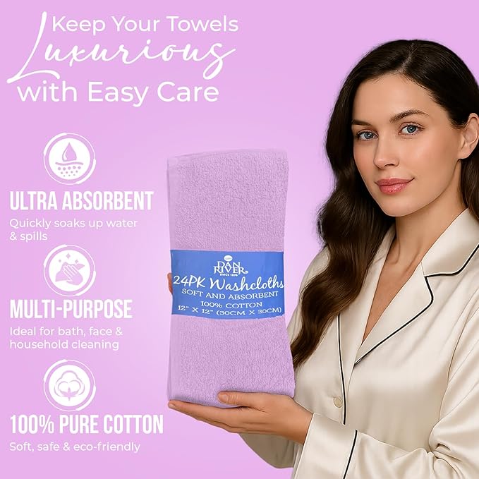 DAN RIVER 100% Cotton Wash Cloths 24 Pack [12x12] Soft & Absorbent wash Cloths for Bathroom, Gym, Hotels & Spa Perfect for Everyday Use Fingertip Towels, Lavender