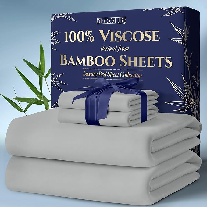 DECOLURE 100% Viscose Derived from Bamboo Sheets Cal King Size 4pcs - Ultra Soft & Luxuriously Cooling, 17" Deep Pocket,Double Stitching,Perfect for Hot Sleepers - King Bed Sheets (Light Grey)