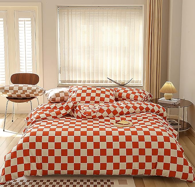 KAREVER Orange White Grid Comforter Set King Burnt Orange Plaid Bedding Set Women Reddish and White Checkered Bed Comforter Set Breathable Blanket Set Men Durable Bedding Comforter Set