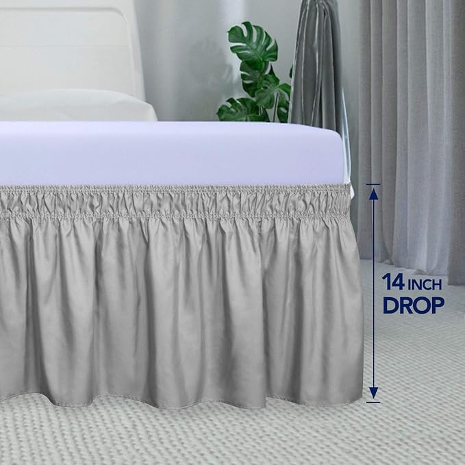 PureFit Wrap Around Ruffled Bed Skirt with Adjustable Elastic Belt - 14 Inch Drop Easy to Put On, Wrinkle Free Bedskirt Dust Ruffles, Bed Frame Cover for Queen, King and C-King Size Beds, Light Gray