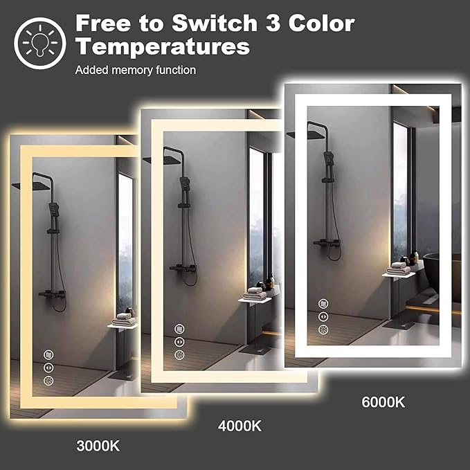 Amorho LED Bathroom Mirror 60'' X40'' with Front and Backlight, Large Dimmable Wall Mirrors with Anti-Fog, Shatter-Proof, Memory, 3 Colors, Double LED Vanity Mirror