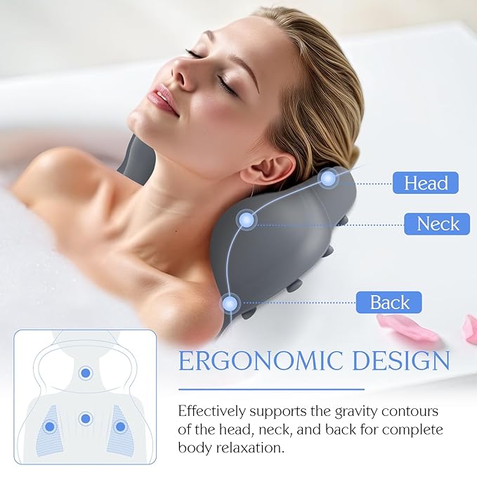 Silicone Bath Pillow, New Material Bath Pillows for Tub Head Neck and Back Support, Bath Tub Pillow with 4D Press Inflatable Airbag and Non-Slip Strong Suction Cups, Quick-Drying, Easy to Store, Gray