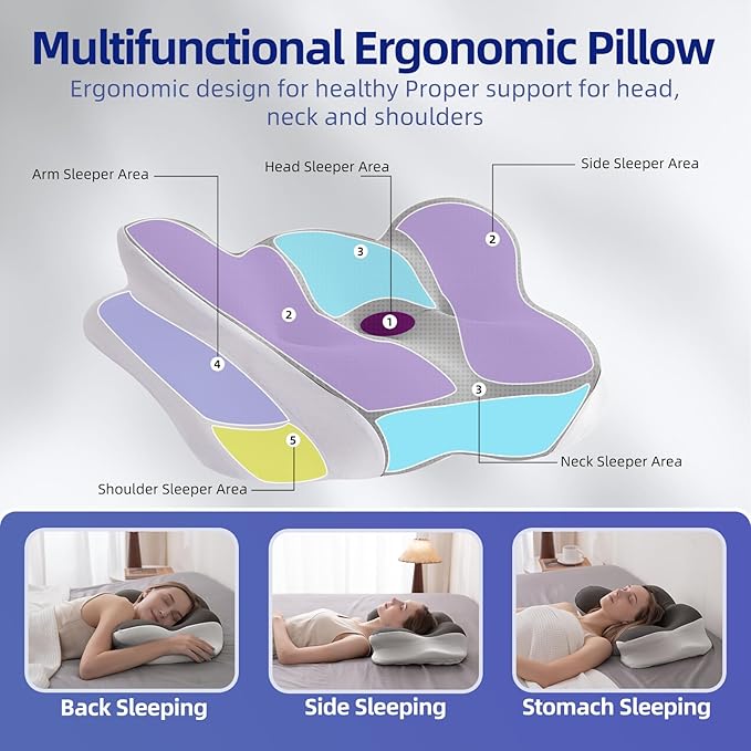 Cervical Neck Pillow for Sleeping, Dual-Height Contour Pillow for Neck Pain Relief, Butterfly Ergonomic Memory Foam Neck Support Pillow with Cooling Breathable Cover for Side Sleepers, Queen Brown