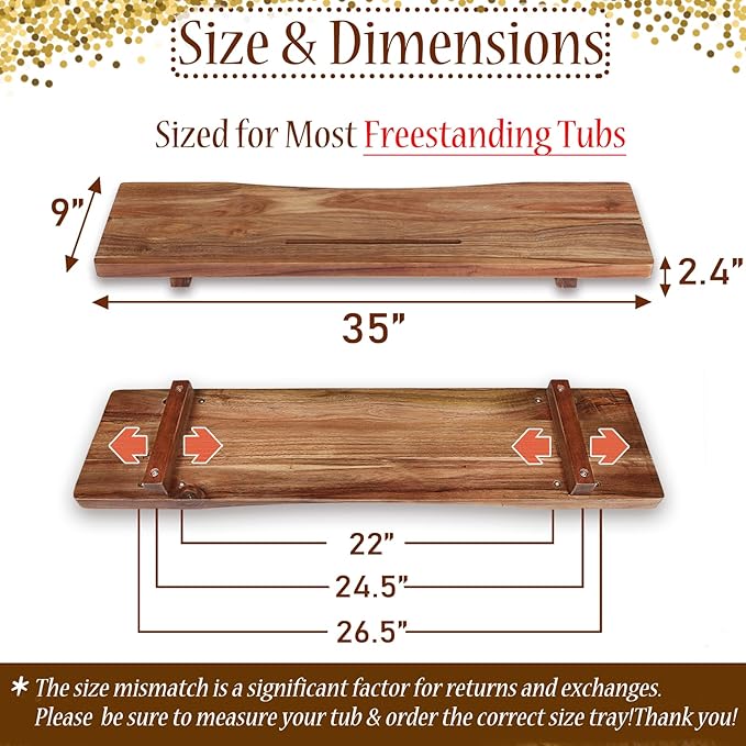 Premium 1.2IN Thickened Board Acacia Wood Bathtub Tray Caddy with Adjustable Legs, Minimalistic Design Bath Tray for Tub, Bathtub Accessories, Fits Most Bath Tubs, Idea for Women