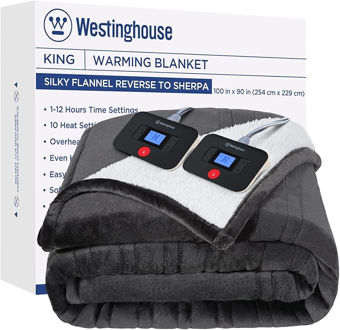 Westinghouse Electric Blanket King, Heated Blanket King Size with 10 Heating Levels and 1 to 12 Hours Heating Time Settings, Flannel to Sherpa Reversible, Machine Washable (90" x 100", Charcoal)