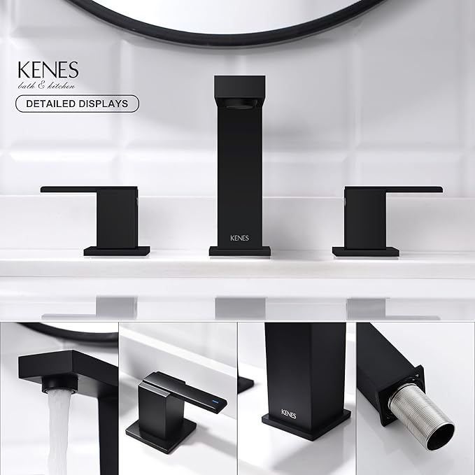 KENES Matte Black Widespread Bathroom Faucet Two Handle Bathroom Sink Faucets Black 3 Hole, 8-Inch 3 Pieces Bathroom Vanity Faucet Lavatory Faucet with Supply Lines, KE-9050-2
