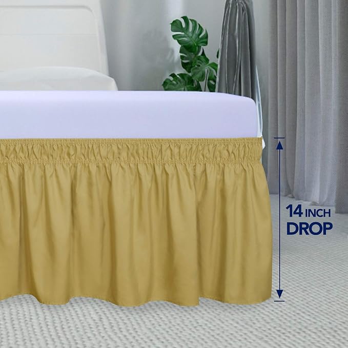 PureFit Wrap Around Ruffled Bed Skirt with Adjustable Elastic Belt - 14 Inch Drop Easy to Put On, Wrinkle Free Bedskirt Dust Ruffles, Bed Frame Cover for Queen, King and C-King Size Beds, Gold