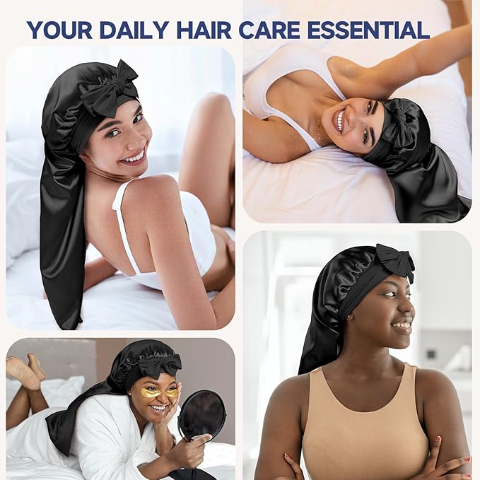 Umisleep 22 Momme Mulberry Silk Bonnet for Sleeping Women, Untangled Hair Care Bonnet, Extra Long for Curls & Braids - Lays Flat for Styling, Double Layer Hair Wrap with Soft Adjustable Tie, Black