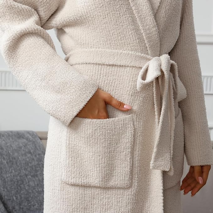 MH MYLUNE HOME Ultra Soft Robe With Pockets, Spa Bathrobe Loungewear Calf-Length, Plush Fuzzy Fluffy Wrap Robe for Women