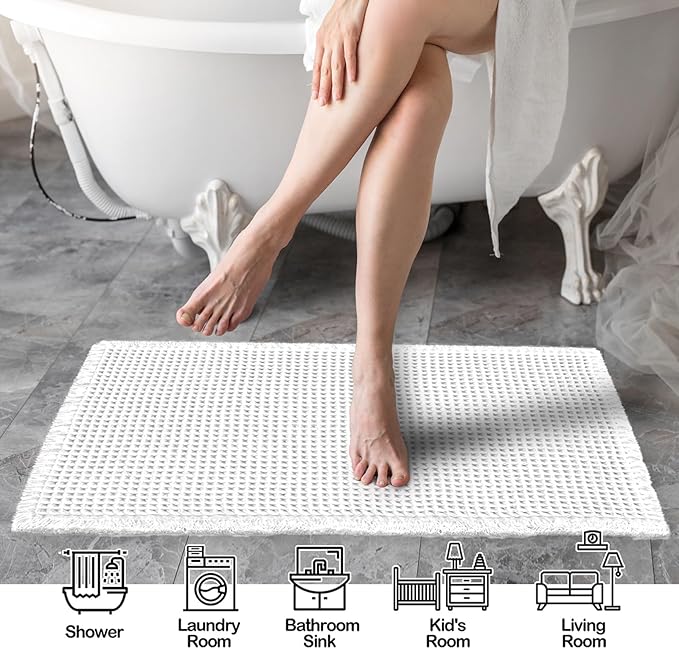 ZALL Waffle Bath Mat White Super Absorbent Non Slip Bathroom Rug 24x36inch,Machine Washable Ultra Soft Floor Mats
