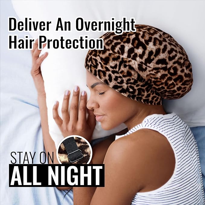 Satin Lined Sleep Cap Bonnet for Curly Hair and Braids, Stay On All Night Hair Wrap with Adjustable Strap for Women and Men, Brown Leopard, Pack of 1