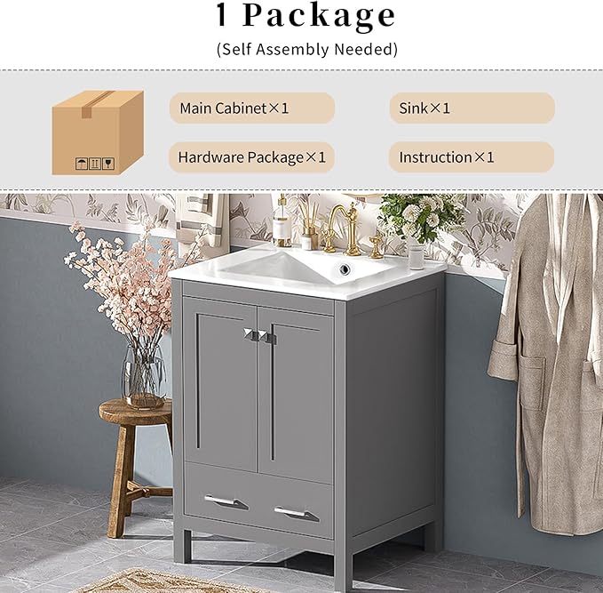 24" Bathroom Vanity with Sink Combo Set, Solid Wood Frame Bathroom Storage Cabinet with 2 Drawers and 1 Drawer, Double-layer Door Shelf, Soft Closing Cabinet Door with Organizer,Grey