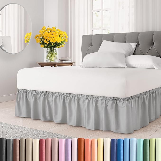 Wrap Around Dust Ruffle Bed Skirt - Light Grey - for King Size Beds w/ 14 Inch Drop - Easy Fit Elastic Strap - Adjustable Pleated Bedskirt with Brushed Fabric, Wrinkle Free Women, Men, Kids and Teens
