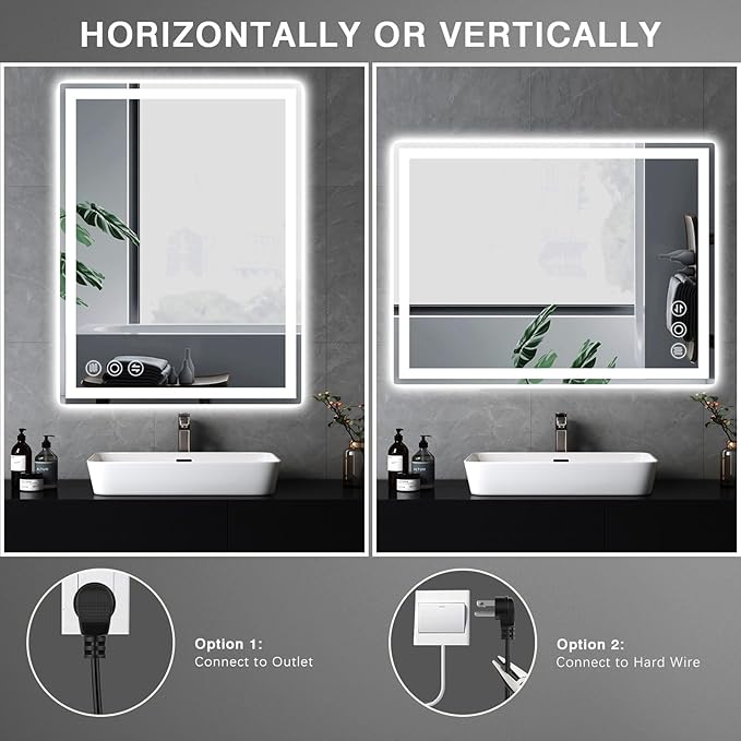 LED Bathroom Mirror 24"x 40" with Frontlit and Backlit, Anti-Fog, Stepless 3 Colors Temperature & Dimmable, Memory Tempered Glass