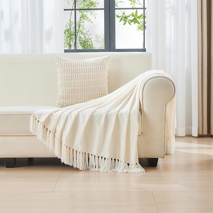 CozeCube Chenille Throw Blanket for Couch, Cozy Plush Fuzzy Decorative Cream White Blanket with Fringe Tassels, Lightweight Throws for Bed Sofa Gift Home Decor, 50"X60"