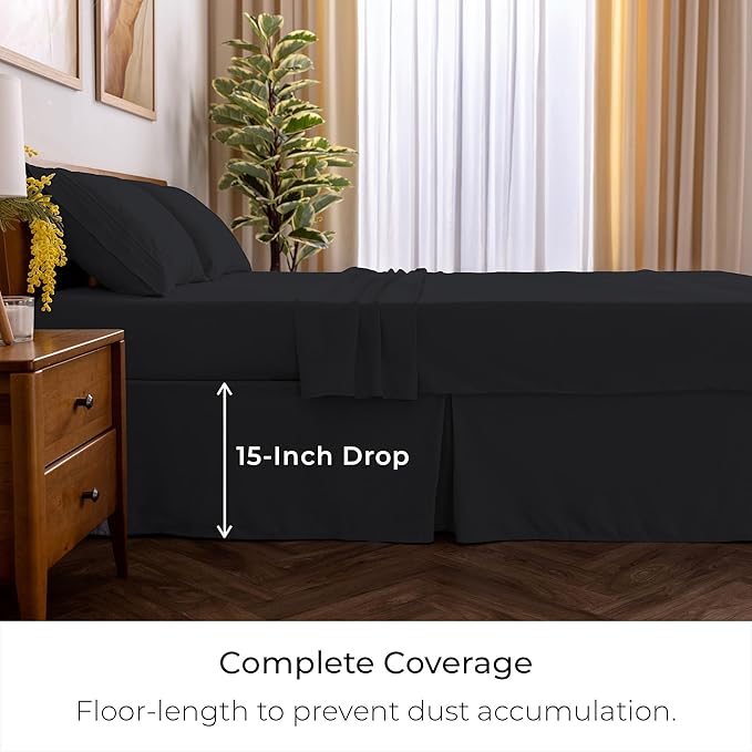 Mellanni Bed Skirt Queen Size - Bed Skirting - 15-Inch Tailored Drop Pleated Dust Ruffle - Hotel Luxury Bedding - Wrinkle, Fade, Stain Resistant - 1 Bedskirt (Queen, Black)