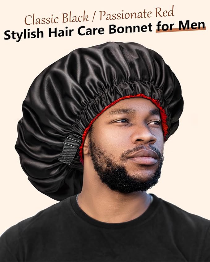 mikimini Satin Bonnet Pack of 2 for Men and Women, Reversible Double Layer Sleeping Silk Bonnet for Curly Hair Braids with Anti-Slip Adjustable Widened Elastic Band Super Large Soft (XL, Black/Red)