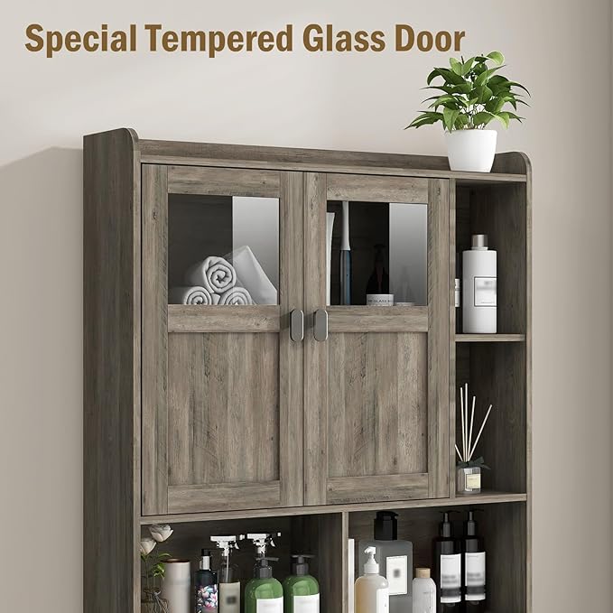 Vabches Over The Toilet Storage Cabinet, Bathroom Shelf Over Toilet with Glass Doors and Adjustable Shelves, Grey Freestanding Home Space Save Toilet Rack, for Restroom, Bathroom, Laundry