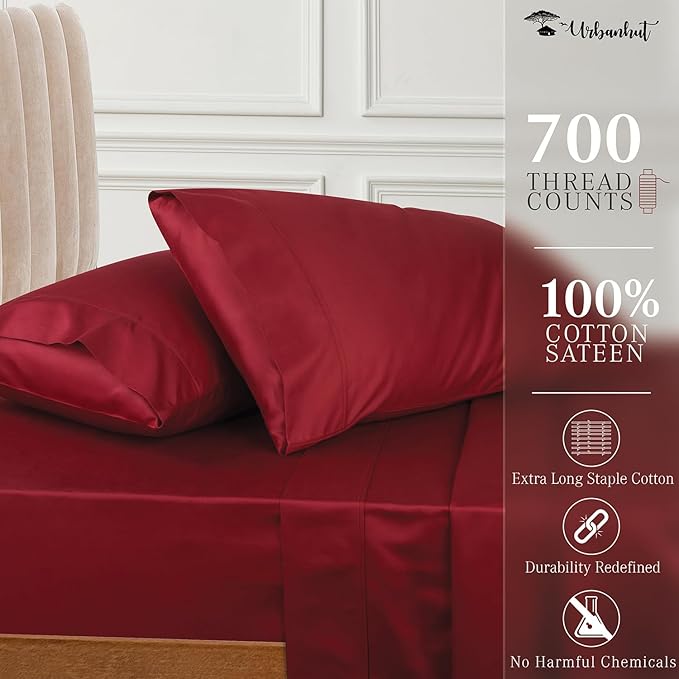 URBANHUT 700 Thread Count Egyptian Cotton Full Sheets, 4Pc Sheet Set Soft Luxury Bed Sheets for Full Size Bed, Sateen Weave Hotel Sheets, 14'' Elasticized Deep Pocket - Burgundy