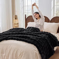 Fluffy Cozy Fuzzy Plush Bubble Blanket - Luxury Faux Rabbit Fur Throw Blanket Thick Warm Decorative for Bed, Sofa (King Size 108''x90'', Black)