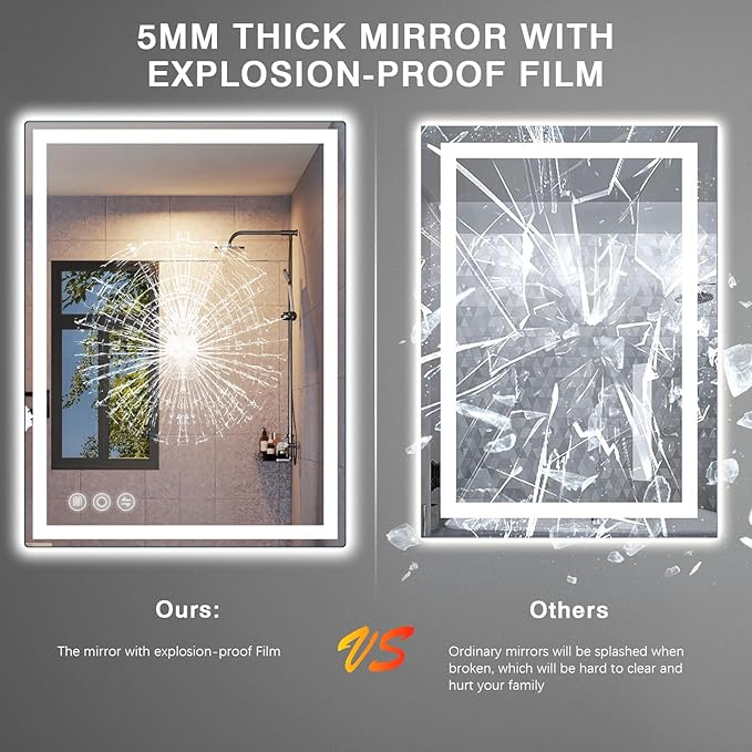 Bathroom Mirror, 28"x 36" Vanity Mirror with Lights, LED Mirrors with Anti-Fog, Stepless 3 Colors Temperature & Dimmable, Memory Tempered Glass Bathroom Mirrors for Over Sink