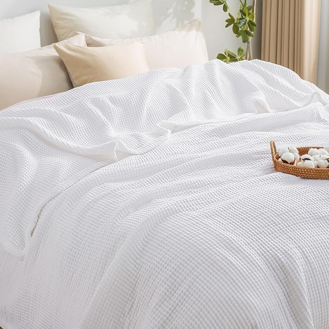 PHF 100% Cotton Waffle & Muslin Blanket King Size, Soft Breathable Luxury 400GSM Versatile Reversible Bedding for Bed, Great for Layering in Cold Weather, Home Decor Gift, 104" x 90", White