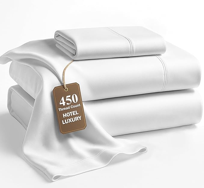 LANE LINEN Twin XL Sheet Sets – 450 Thread Count 100% Cotton Sheets, Cooling Sateen Weave, 15” Deep Pocket Fully Elasticized Fitted Sheet, Premium Dorm Room Bedding, White