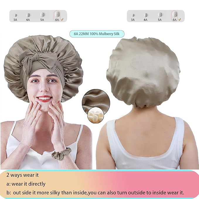 Cocheng Mulberry Silk Bonnet for Sleeping Long Silk Bonnet for Curly Hair Braids Cap for Women Silk Cap with Tie Band