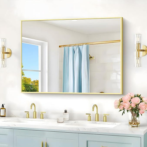 30x40In Gold Bathroom Mirror for Wall, Brushed Gold Rectangle Mirrors with Metal Frame, Bathroom Rectangular Mirror Modern Wall Mirror for Bedroom Living Room, Hangs Horizontal or Vertical