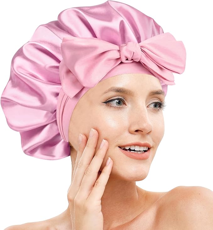 Silk Bonnet for Sleeping Women, Adjustable Soft Satin Lined Bonnet with Tie Band, Double Layer Sleep Night Cap