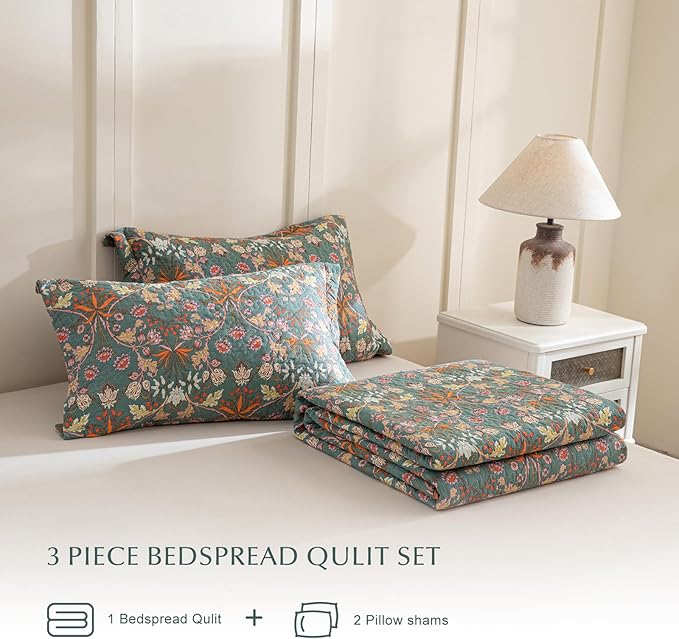 Lady Ann 100% Cotton Floral King Quilt Set - Vibrant Paisley Flowers Pattern Plant Botanical Printed Quilted Bedspread & Coverlet Set, 3 PCS Lightweight Extra Soft King Bedding Cover All Season