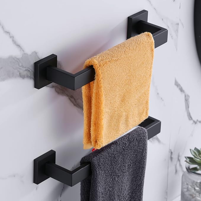 LANC 12-Inche 2-Pack Bathroom Towel Bars, Matte Black Square Bathroom Towel Racks Hand Towel Holders Total-14 Stainless Steel Wall Mount Shower Towel Rail Towel Hanger Rods,A8804-3MB