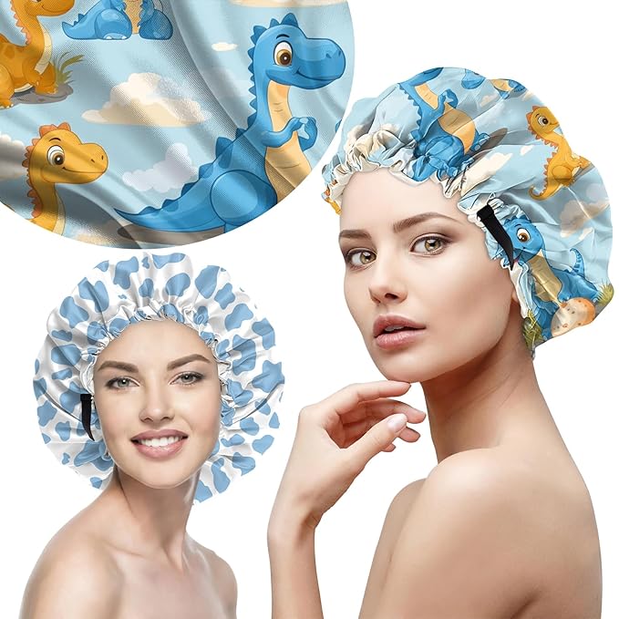 2 PCS Bonnets for Women Girls Satin Hair Bonnet Silk Adjustable Elastic Double Layer Hair Wrap Sleep Cap Comfort Cute-Dinosaur Cow