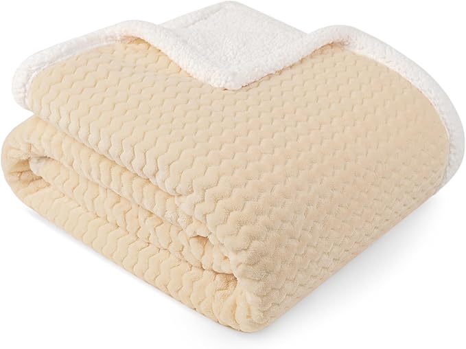 PAVILIA Cream Twin Bed Blanket Reversible Sherpa Chevron, Soft Cozy Jacquard Weave Textured Throw Sofa Couch, Thick Warm Large Fleece Car Blanket, Decorative Plush Home Decor Gift, 60x80 Ivory Beige