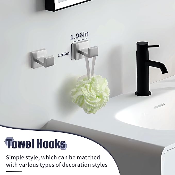Bathroom Accessory Towel Bar Set: 5 Pieces Brushed Nickel Square Bathroom Hardware SUS304 Stainless Steel - 24 Inch Wall Mounted Towel Rack&Toilet Paper Holder&Towel Ring and Towel Hook