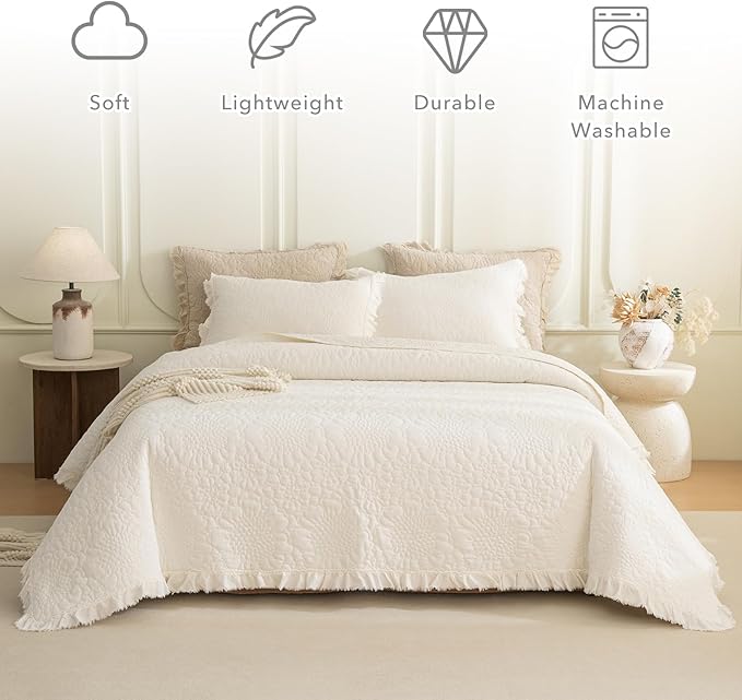 QSH Milk White Stonewashed Cotton Oversized King Quilt Bedspread Set(128"x120"),3PCs Farmhouse Ruffled Bedspread California King, Soft Lightweight Shabby Crinkled Quilt Coverlet Bed with Pillow Shams