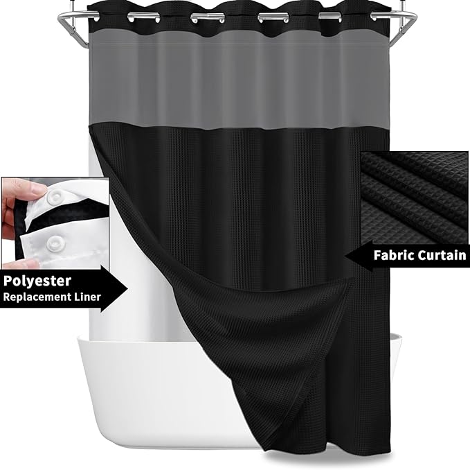 YellyHommy No Hook Shower Curtain and Liner Set Less Time Black Waffle Cotton Hotel Shower Curtain with Snap in Liner 72" Wx 75" L